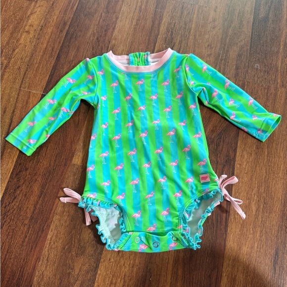 Ruffle Butts Green Flamingo Print Kids Swimwear - Picture 5 of 12